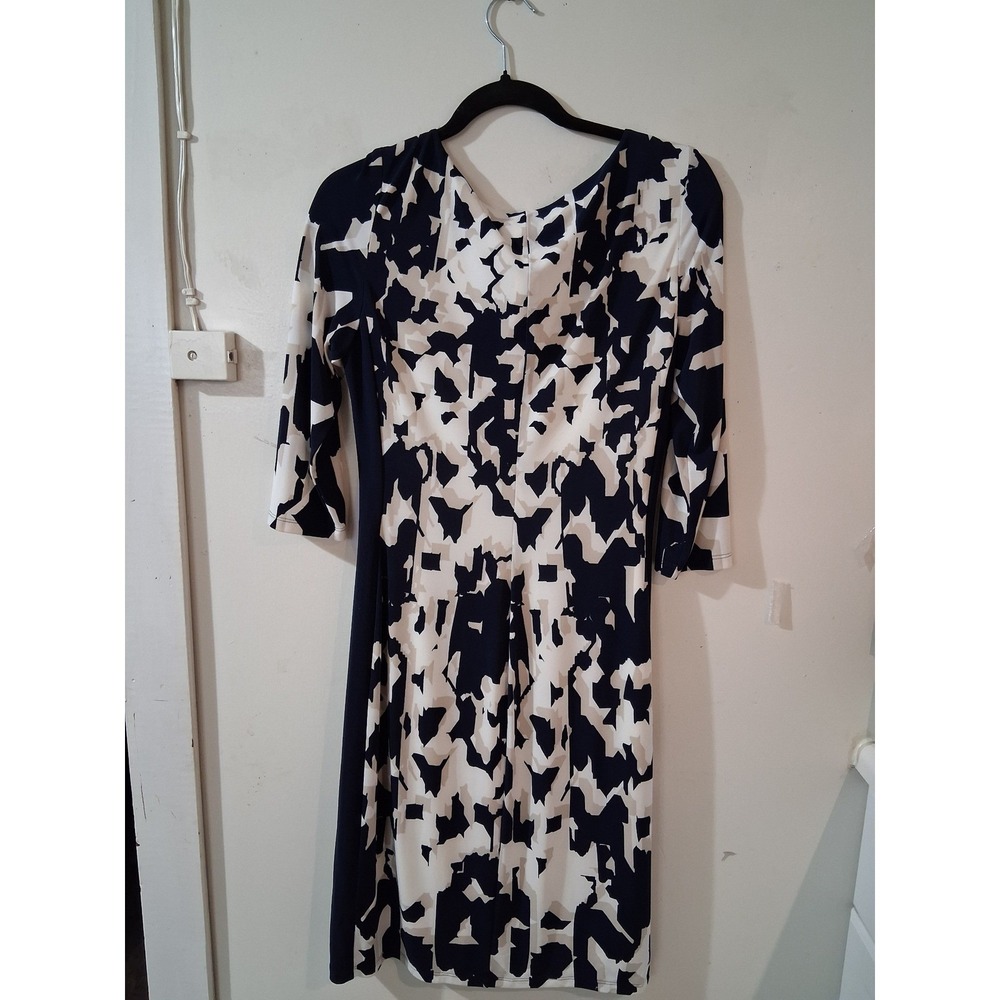 Lauren Ralph Lauren Navy Blue Cream Abstract Ruched Sheath Dress Size 6 - Picture 3 of 4